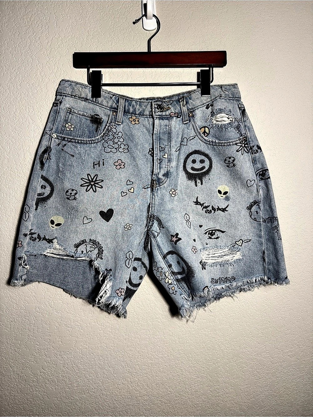 Wild Fable Doodle Hippie Printed High Rise Denim Bermuda Shorts Denim Shorts